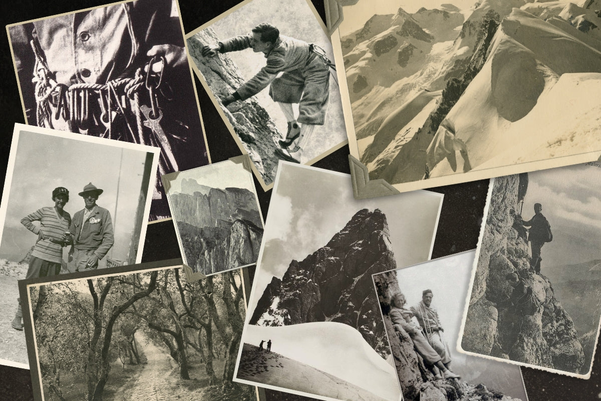 A collage of vintage photographs featured in books by David Smart. Photos shown in this collage belong to: Paul Preuss: Lord of the Abyss, Emilio Comici: Angel of the Dolomites, and Among the Pale Spires: The Life and Verse of Antonia Pozzi, Alpine Poet.